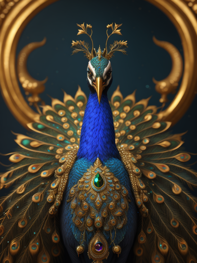 Magical king peacock wearing expensive jewelry that is magnificent, incredibly detailed, intricate, with brilliant bright shimmering sparkling glittering diamonds on glowing shining precious luminous gold, Royal rich luxurious