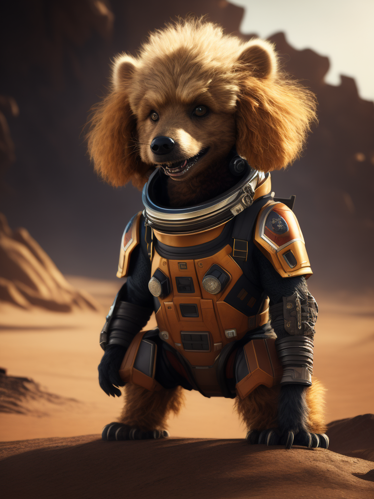 A curly poodle like a Rocket Raccoon from Guardians of the Galaxy wearing astronaut costume on the Mars