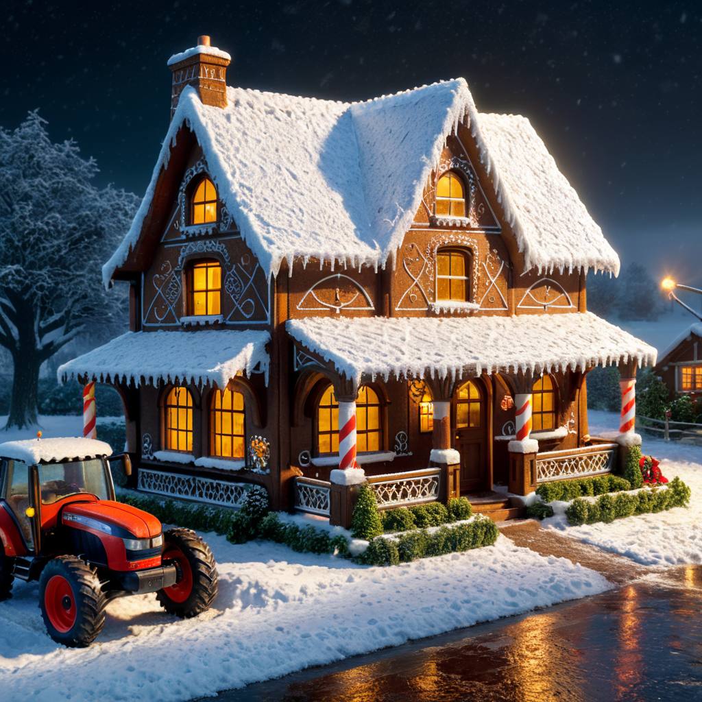 Small english style ginger bread house and a parked tractor outside. For sale sign. Snowing