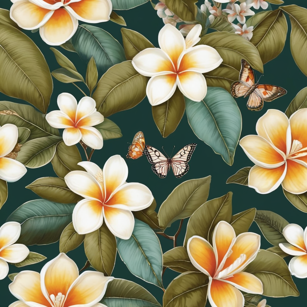 Oriental luxury floral patterns in the style of Balinese and Peranakan culture::1 trailing blousy Frangipani blooms::1.25 fabric [1 butterfly flying on a tree, Frangipani, botanical mango leaves, oriental floral] prints::5 opulent florals with an Indienne twist::olive colour:1 ostentatious feminity::1 repeating seamless pattern::4 patternbank::1 wide angle::2::flemish baroque::rococo --no watermark, text --v 4