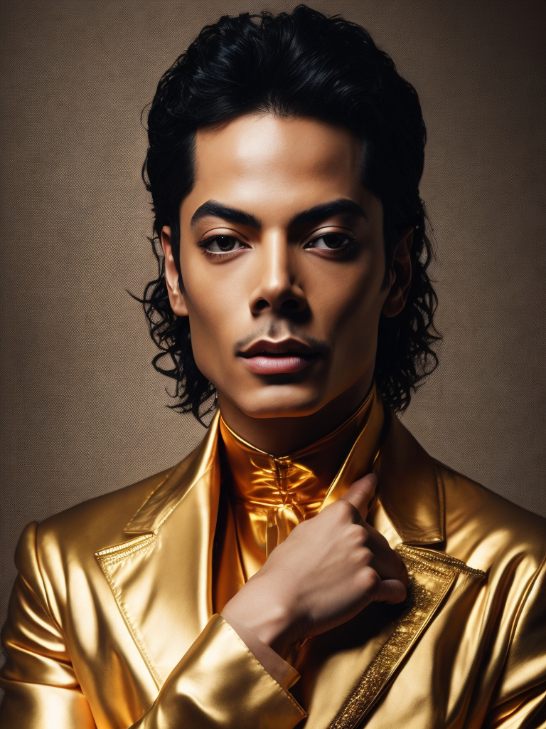 Portrait of Michael Jackson dressed in golden chrome suit, dark gradient background, Vivid saturated colors, Contrast light, studio photo, professional photo, Detailed image, detailed face