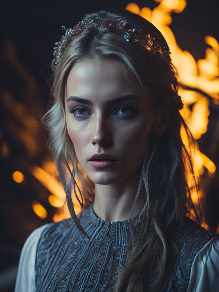 blonde girl with blue eyes walking against the backdrop of fire at night in a white transparent dress with red and white patterns of Balkan folklore and roses on her head in her hair, cinematic, photorealistic