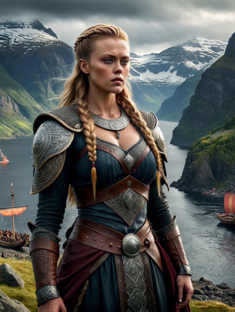 A viking woman like Frida Gustavsson in the tv show "vikings Valhalla", background the fjords