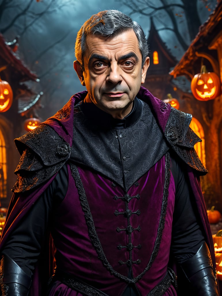 Rowan Atkinson wearing spooky Halloween costume, Vivid saturated colors, Contrast color