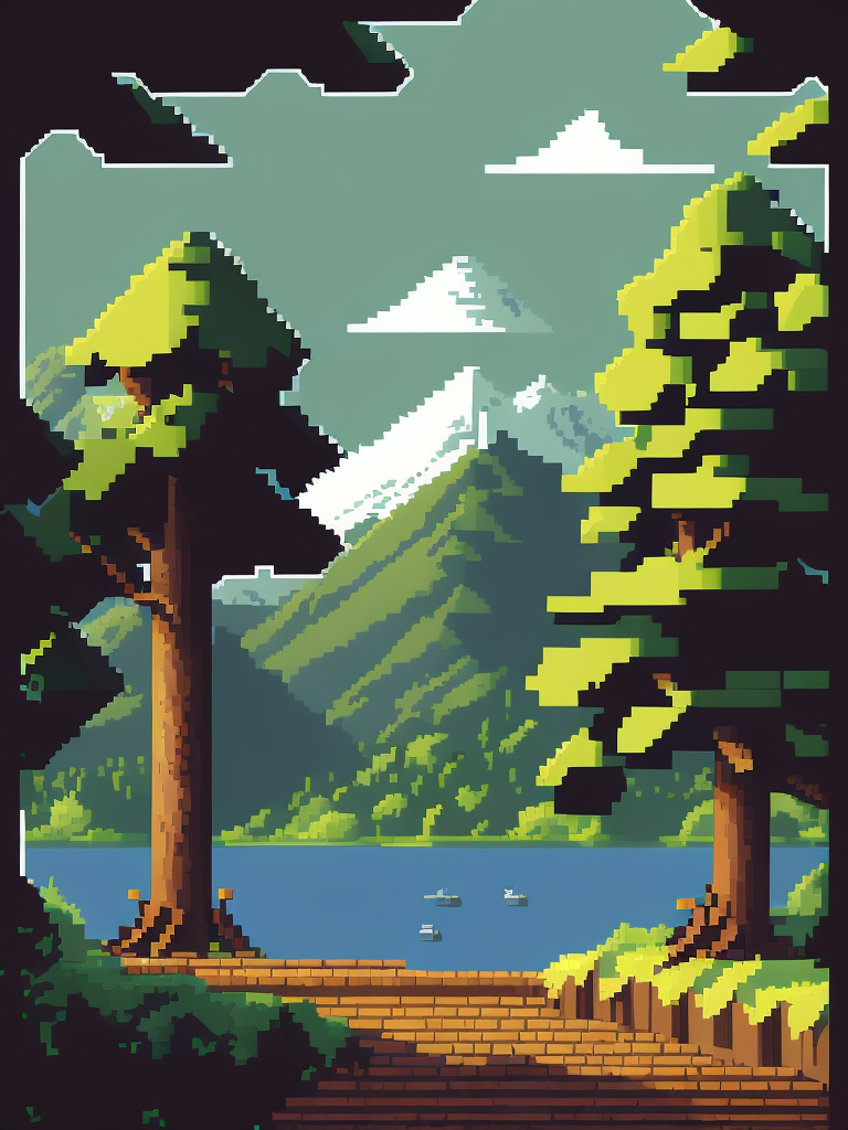 Landscape, pixel art, big pixels, square pixels, vector