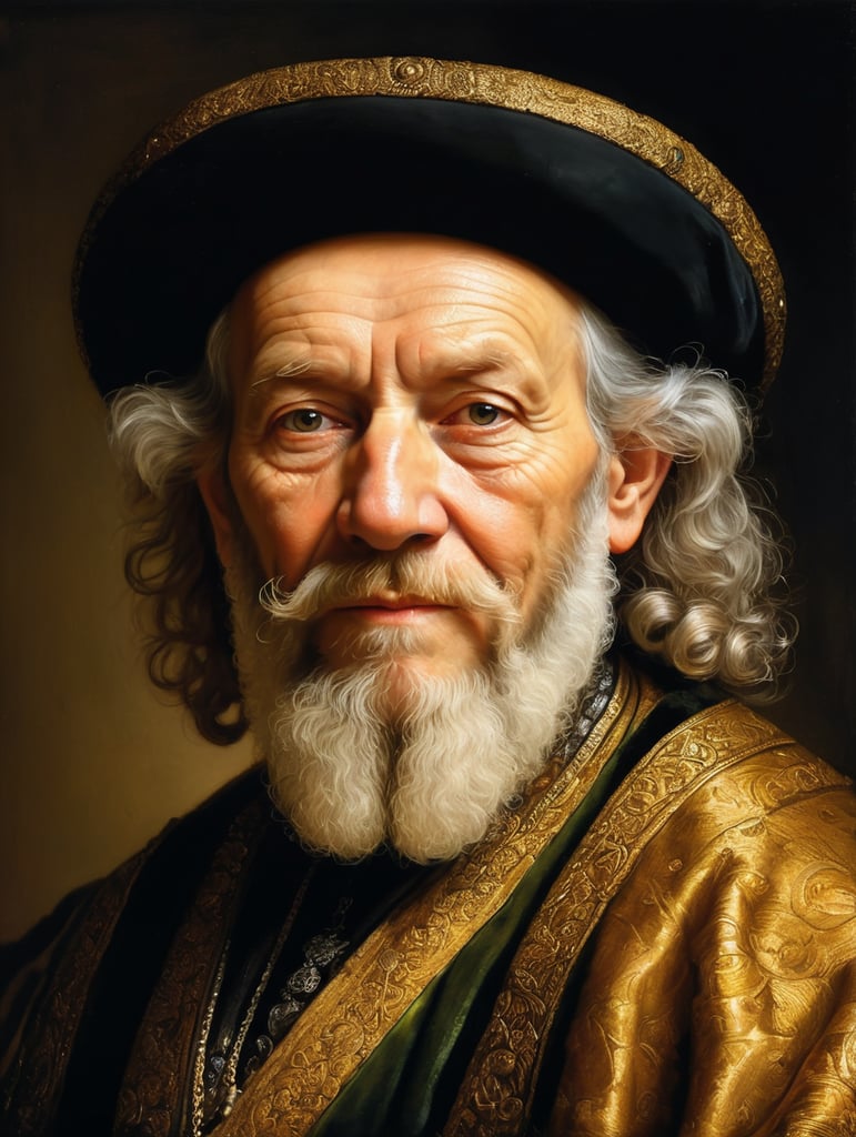 A masterpiece painting by Rembrandt Van Rijn, a hiper-detailed portrait of an old man, intrincate beard details, extremely beautiful clothing, gold, reflects, masterpiece composition, golden ratio composition, baroque illumination