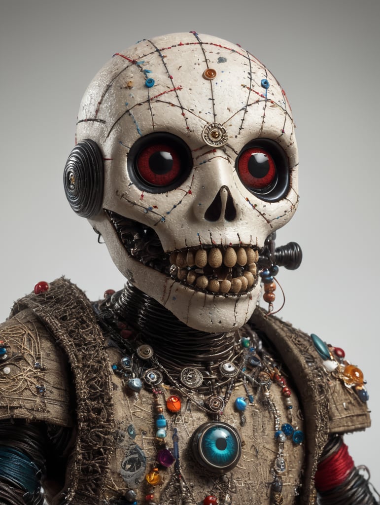 white background voodoo doll basic pins eye buttons stitched