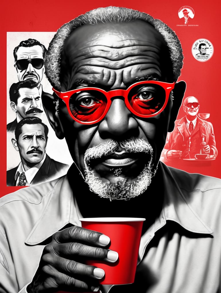 Miami black old man holding a red cup eye-catching poster-style drawing and illustration representing the iconic pulp style.