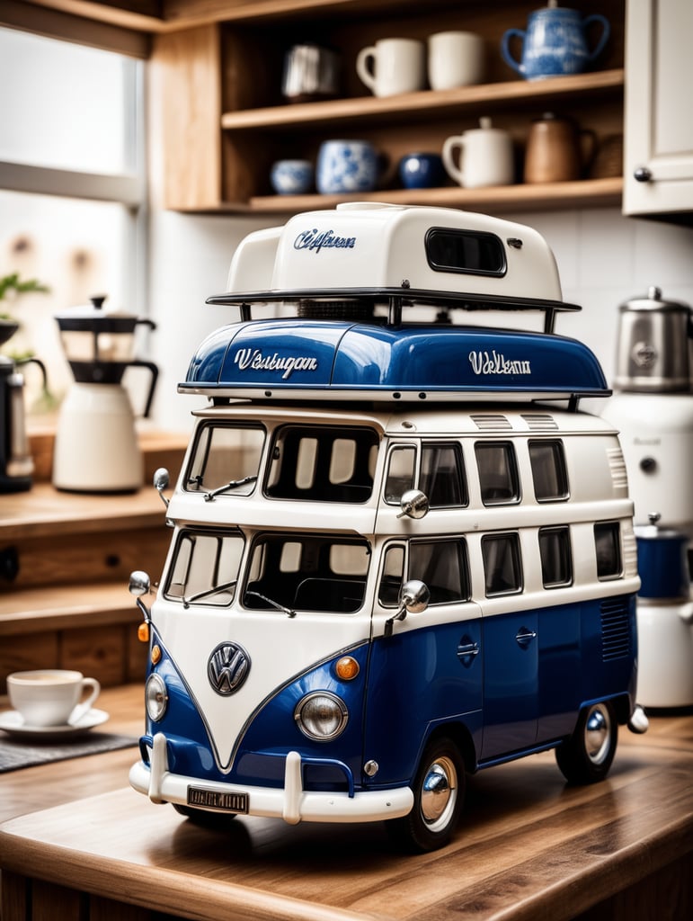 a vintage coffee maker shaped like a blue and white volkswagen kombi, grain grinder on top, coffe mug, kitchen, realistic