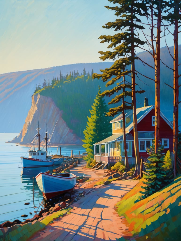 Ocean, seashore, some gaspé cliffs, labrador landscape, rpg style, erin hanson, trees, boat, quay, wharf, morning light with long shadows and mist, some fog, house, painting, hill, spruce tree, some sand