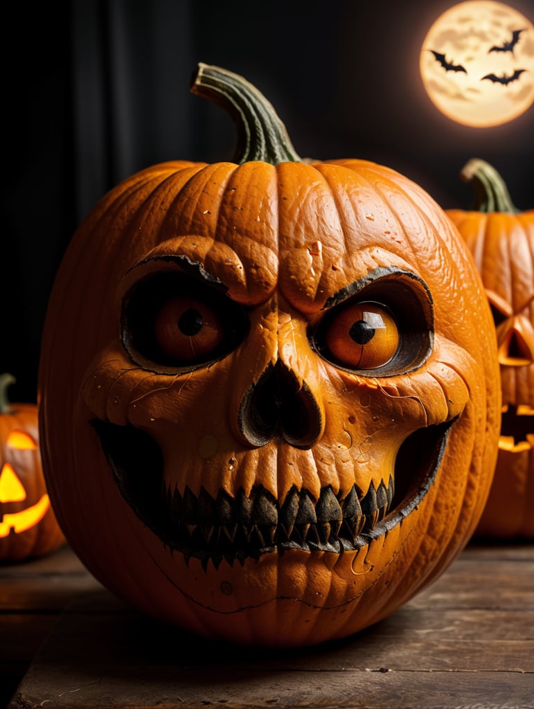 Halloween pumpkin photorealistic illustration, scary, dark