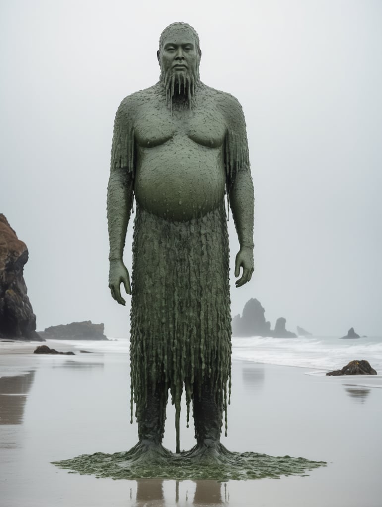 A full figure, tall and thin, made of sea water covered in salt, and dripping with wet seaweed. Facing the front and looking straight ahead.