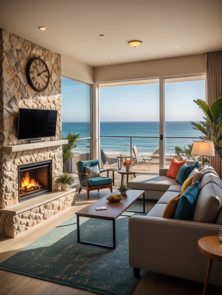 Small beach modern retro hotel with open living space with fireplace and sofa overlooking the ocean. Bright colors