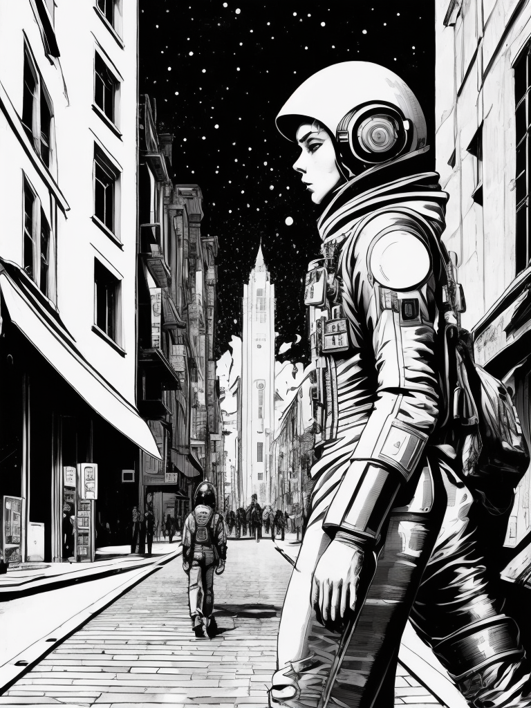 Vintage 90's anime style. a lonely astronaut walking down the by hajime sorayama, greg tocchini, virgil finlay, sci-fi. line art. environmental arcade art.