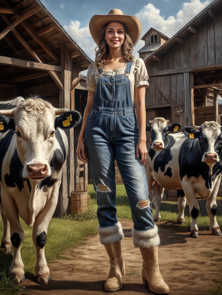 Draw a happy young woman wearing furry slippers on her feet that look like small holstein cows. The woman wears a large cowbow hat and denim overalls, and is standing in a barnyard with cows shown in the background.