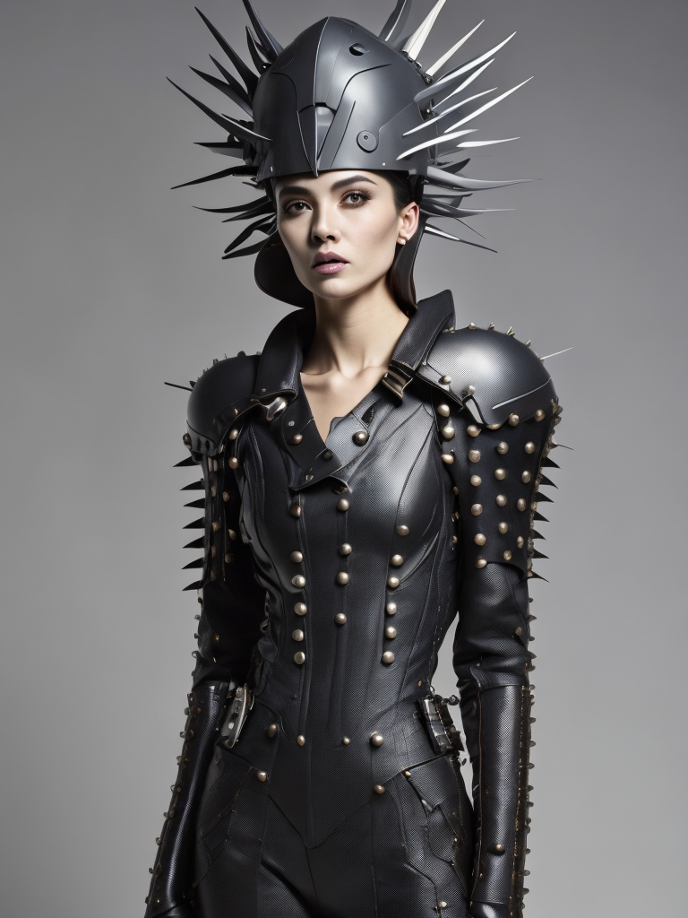 a woman in a futuristic costume with spikes on her head and a helmet on her head Avant-garde Fashion