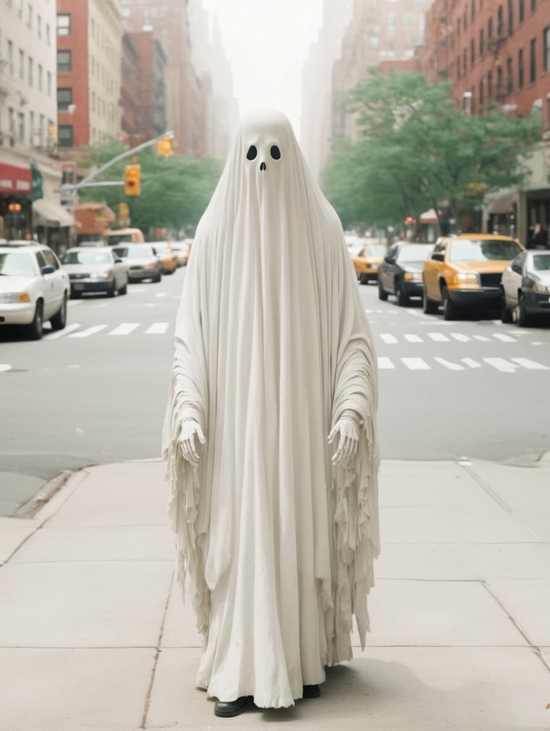 Very creepy realistic ghost standing in the street, new york city, portra 400, vintage photo