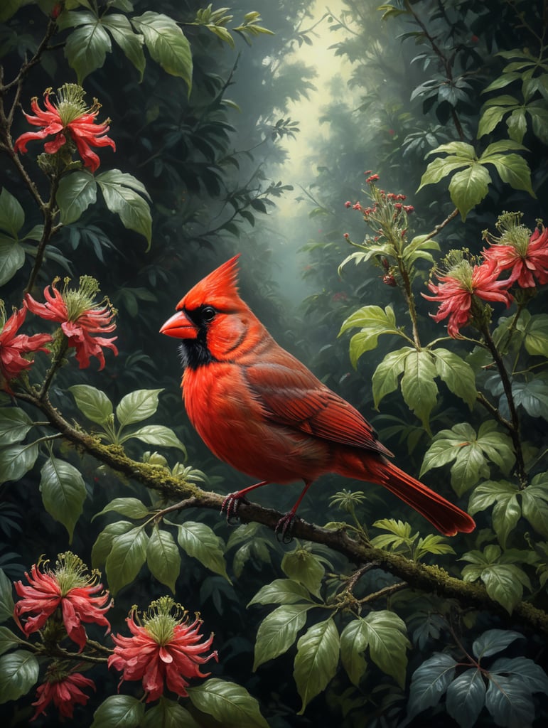 An Edwardian botanical oil painting, illustration of a red cardinal bird on a branch surrounded by flora and fauna