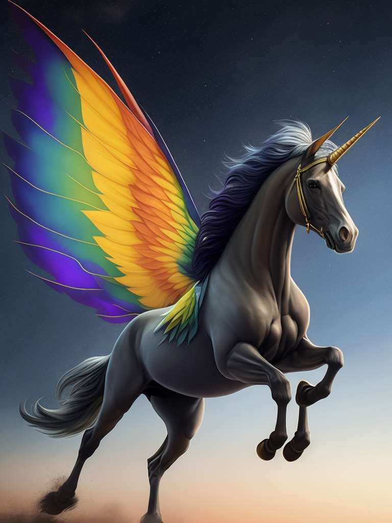 Rainbow colored Unicorn with wings flying through sky