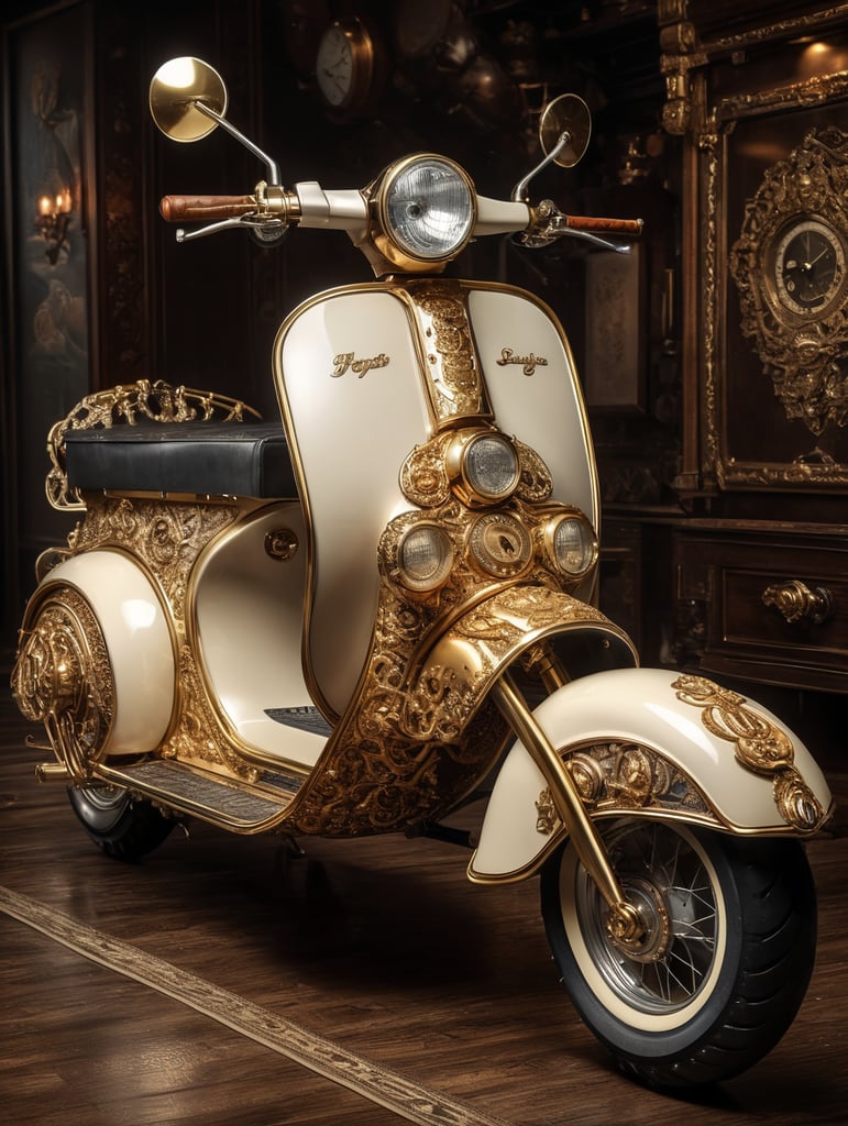 A stunning interpretation of vintage extreme scooter, made of jellyfish, advertsiement, steampunk, highly detailed and intricate, golden ratio, ivory color, hypermaximalist, ornate, luxury