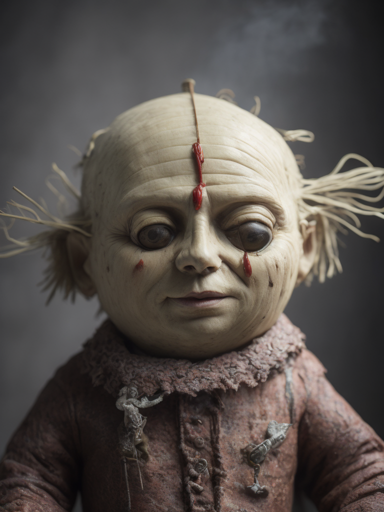 Putin as a voodoo doll with needles and spokes stuck in his body on a round stone table drenched in blood with the dramatic lightning