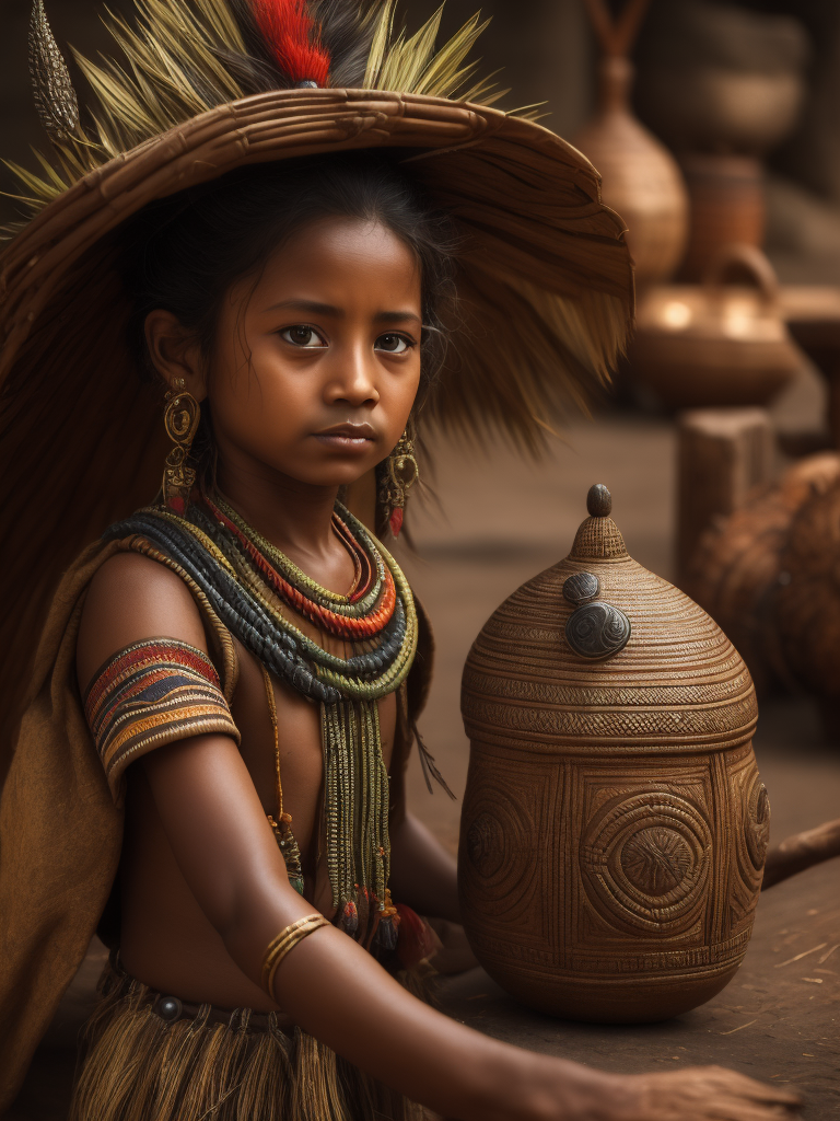 Artesanías de cultura precolombina de la zona Colombiana hechas a mano con materiales como la hoja de palma seca, foto realista, artística