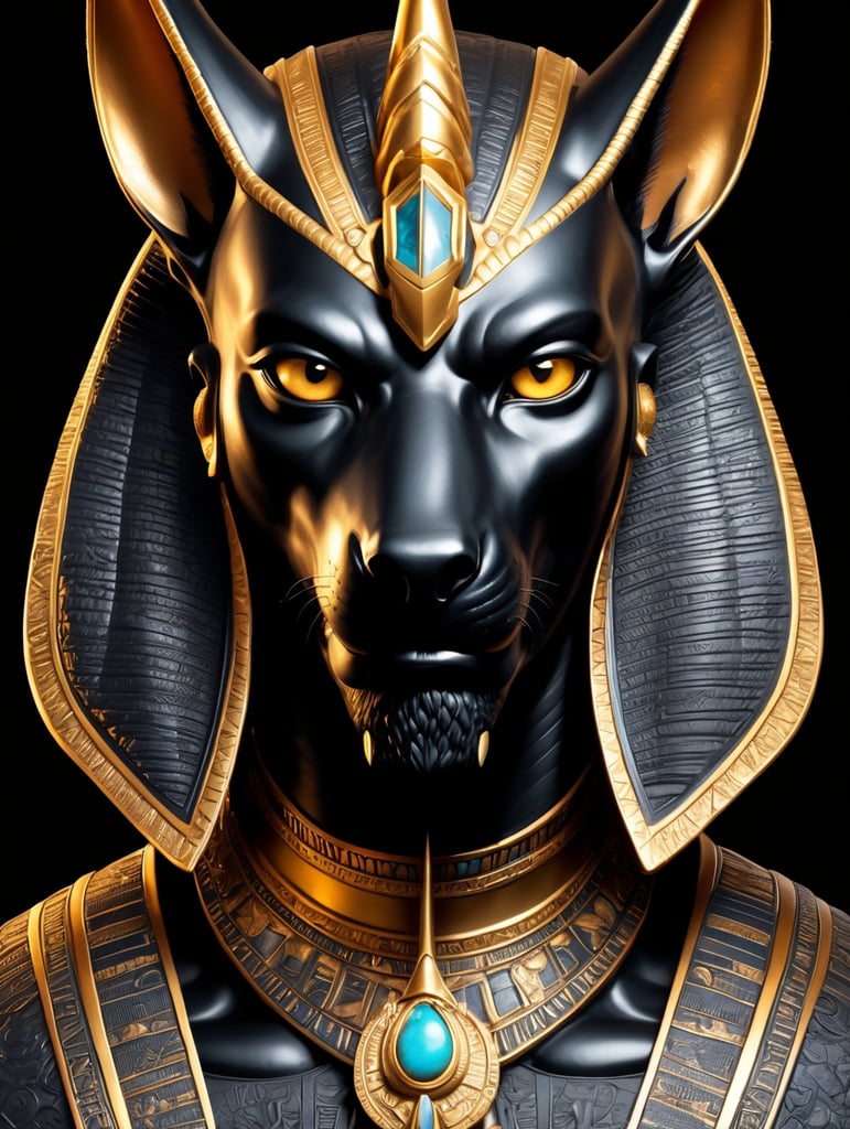 Egyptian god Anubis, portrait, hyper-realistic, dark style, focus on face, sharp on details, black background