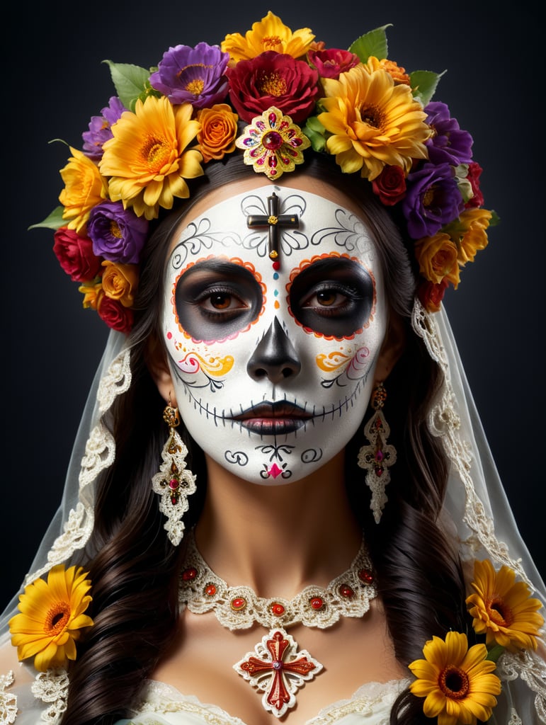 Isolated logo cutout of a dia de los muertos, Mexican girl portrait wearing veil over her head with a crown of flowers praying with a crucifix wrap in her hand carnival mask of the day of the dead