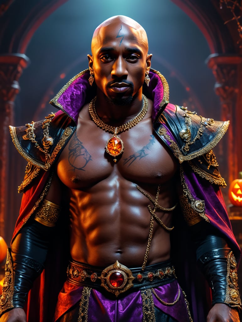 Tupac Amaru Shakur as Drakula wearing spooky Halloween costume, Vivid saturated colors, Contrast color