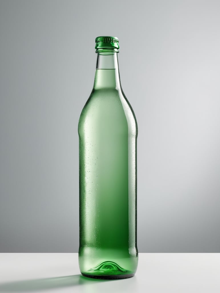 Green glass bottle with mineral water mockup, no label, isolated, grey background