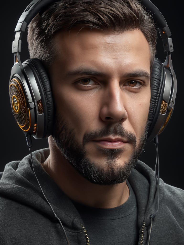 Create a hacker-man front portrait with double headphones on, no facial hair