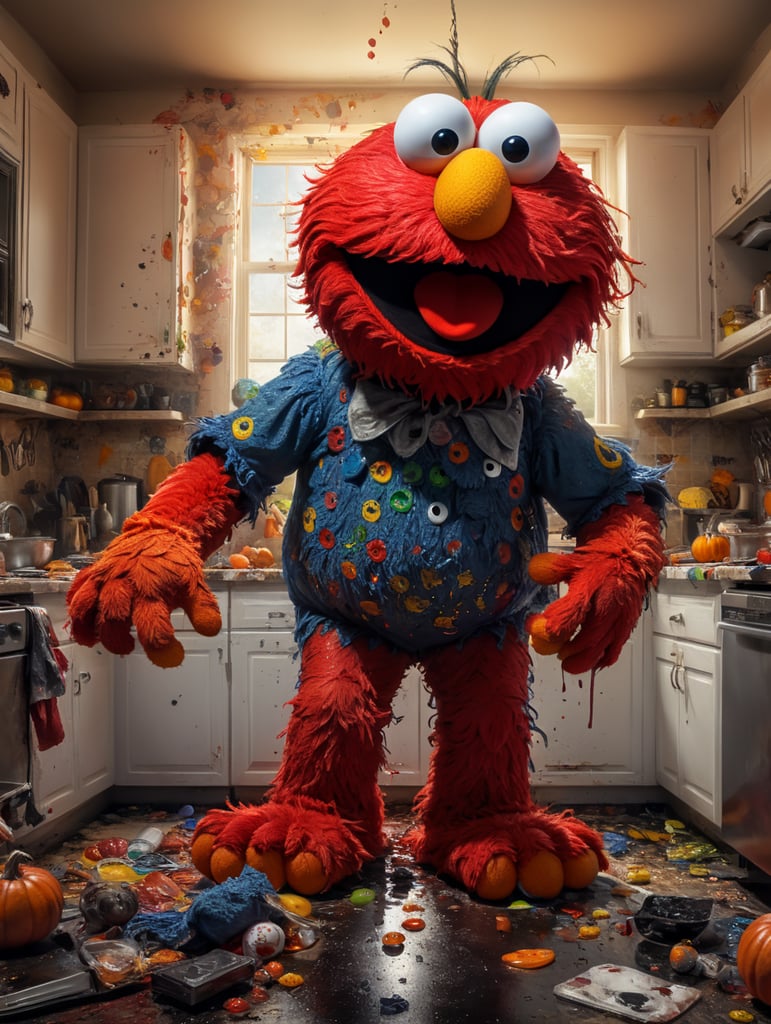 Tickle me, Elmo, , in the kitchen with big birds head in his hands, messy makeup and messy hair, Halloween costume, vivid saturated colors, highly detailed, contrast colors