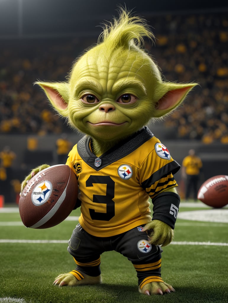 baby grinch wearing steelers team jersey holding a football