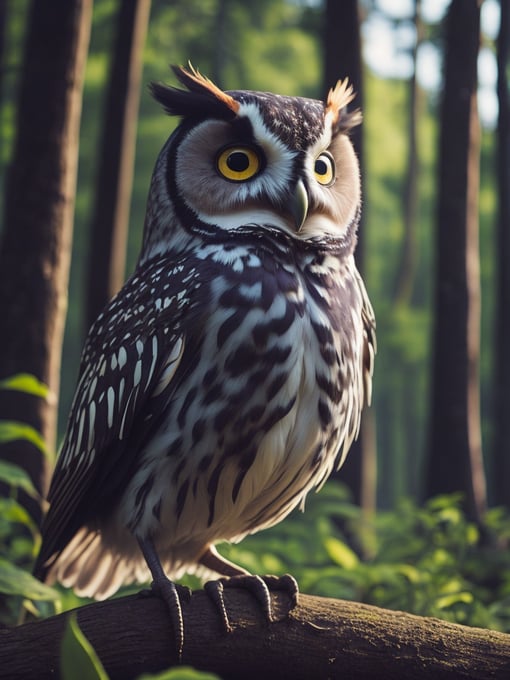 Happy cute owl cartoon character in old disney style in 2d, woods background, hdr, ray tracing, global illumination