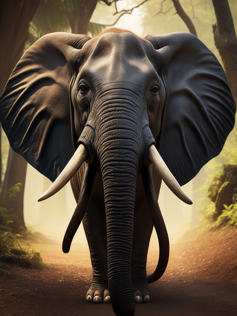 Type of Image: Photography (((Subject Description: realistic wall head))) A realistic digital illustration of an AFRICAN FOREST ELEPHANT portrayed in a stylized, tribal art-inspired manner to represent the AFRICAN FOREST ELEPHANT and its significance