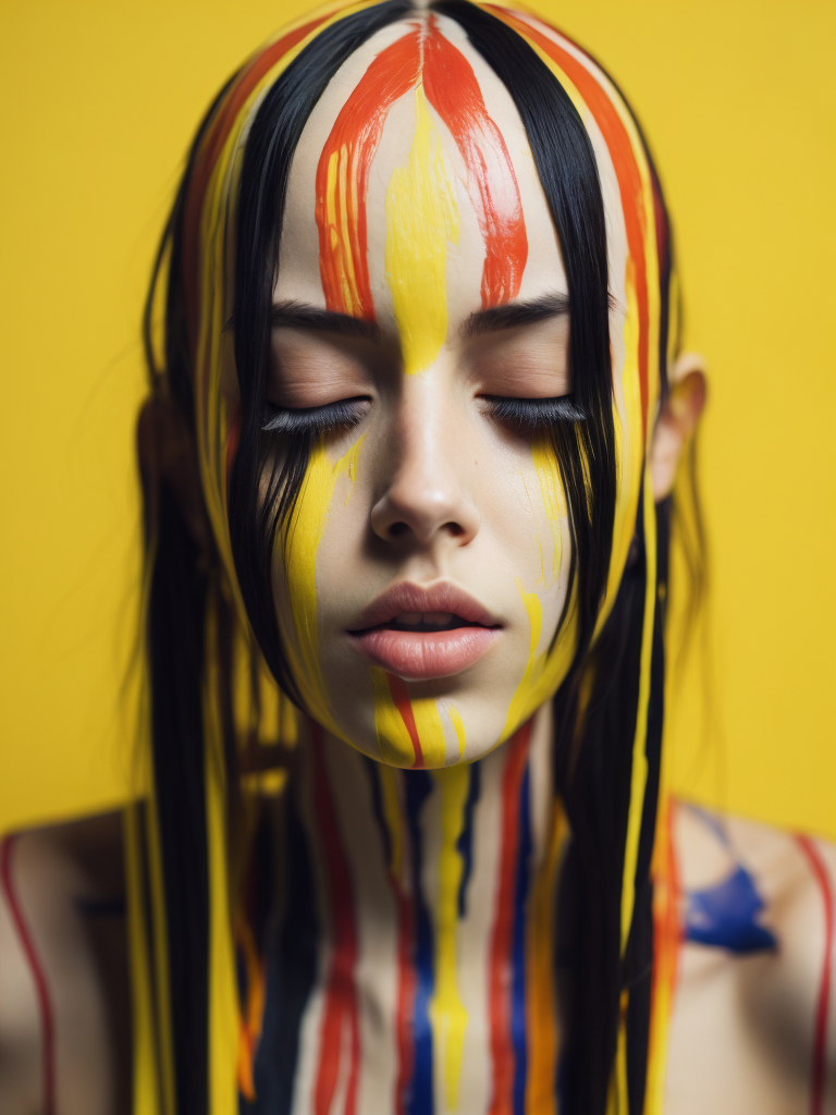 Portrait of a girl with a painted face and paint flowing from her face, closed eyes, yellow background