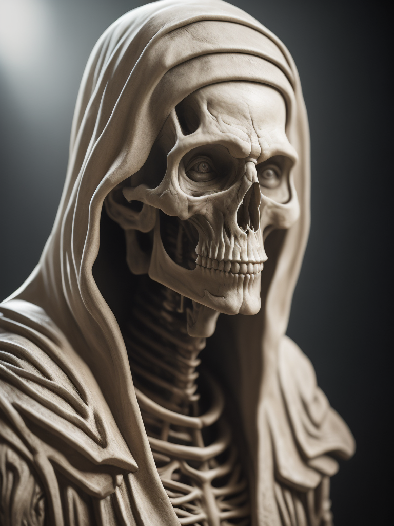 .photo realistic, ultra details, natural light ultra detailed marble sculpture of a female necromancer, skeleton face volumetric fog, Hyperrealism, breathtaking, ultra realistic, ultra detailed, cyber background, cinematic lighting, highly detailed, breathtaking, photography, stunning environment, wide-angle