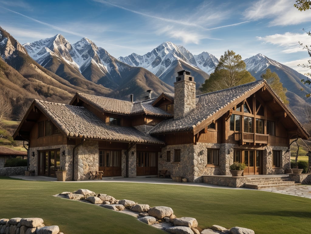 mountain house built of stone, with large windows, mountains in the background