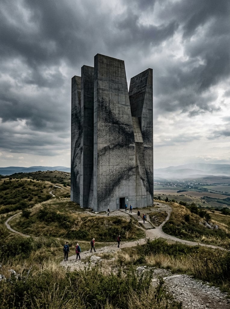 A towering, monolithic grey monument of intersecting vertical slabs dominates a rolling hillside of dry scrub grass under a dramatic overcast sky. The minimalist brutalist structure features a striking gradient texture of dark, stippled patterns sweeping across its stark facade. Tiny human figures traverse undulating dirt paths around the base, highlighting the immense scale of the architecture alongside a small rectangular entrance. The scene features a moody cinematic atmosphere with a distant hazy horizon stretching to the right.