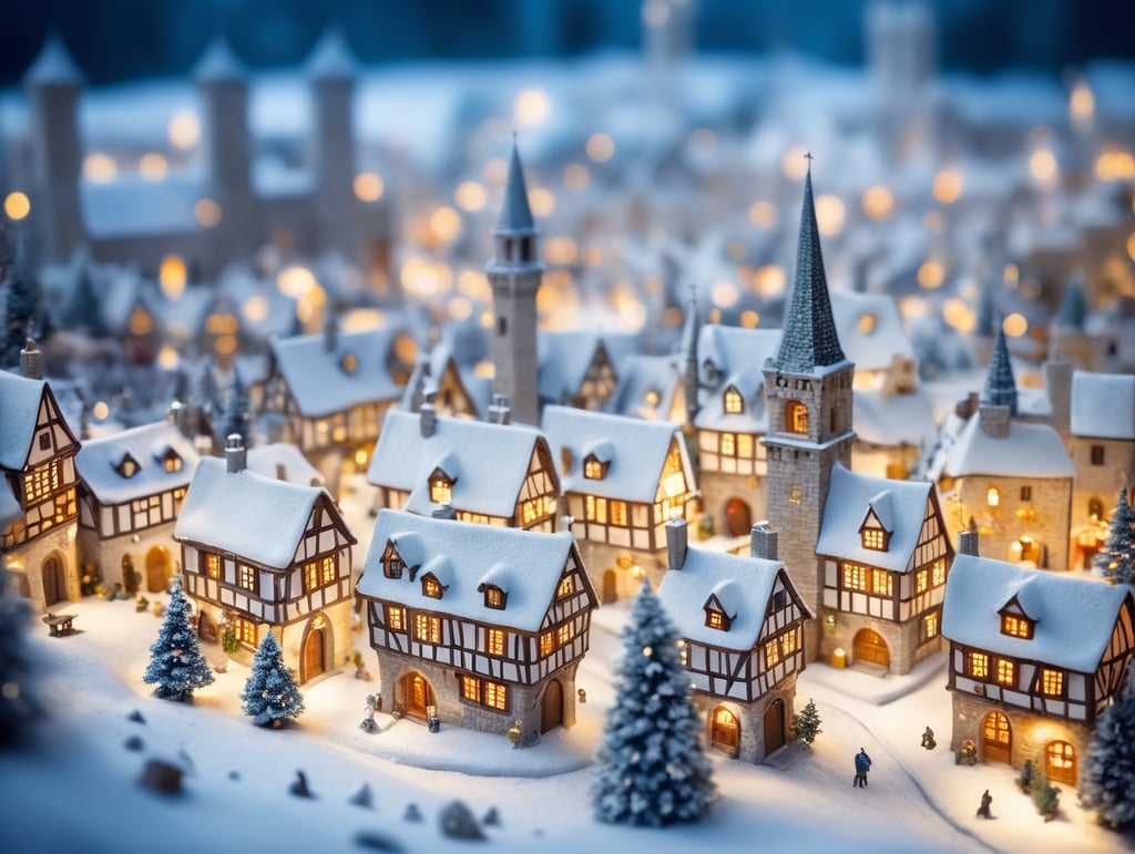 tilt shift photography of a Christmas medieval fantasy miniature city, depth of view, sunny, at night, snowy weather