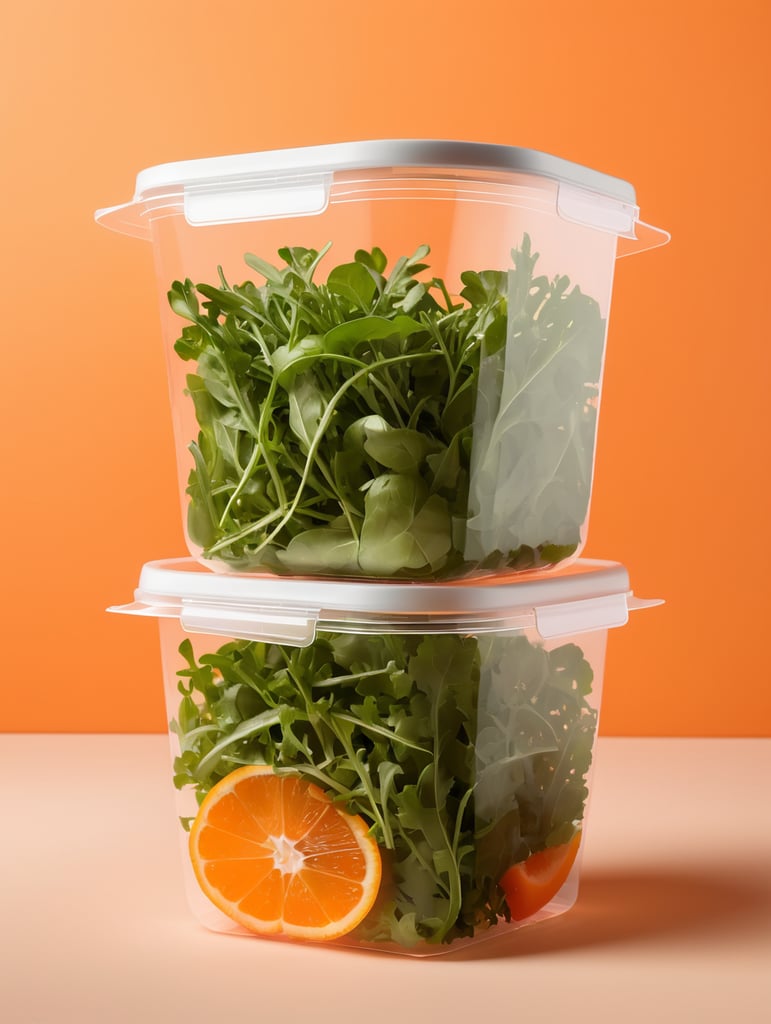 blank Transparent Plastic Container with Arugula Salad, isolated, orange background, Mockup, mock up