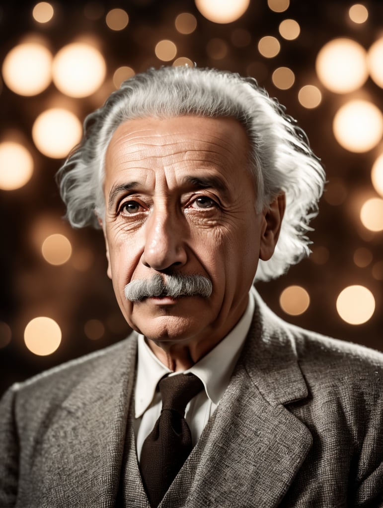 A 1950's photograph of Albert Einstein, film photography, bokeh background.