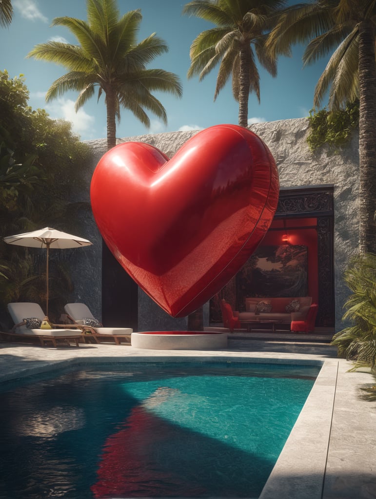 hyper realistic pool float in shape of red heart, miami beach, unreal engine, octane render, cinematic lighting, highly detailed miami beach, y2k, bright colors, hyperrealistic, low angle, 16k, 8K UHD, 8K texture, cinematic, rim lighting, neon palette, color theory, dramatic, volumetric lighting, 35 mm, in focus, unreal engine, highly detailed, octane render, ultra high resolution