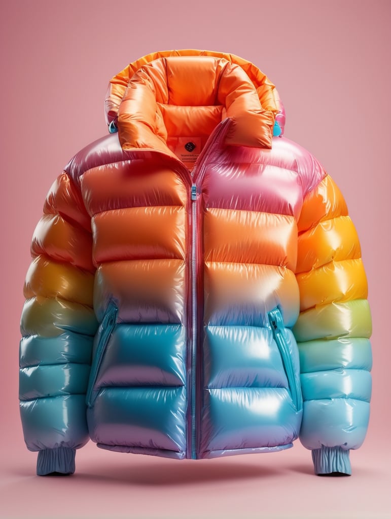 super Glossy colorful puffer jacket, oversize, on white background, isolated, mockup