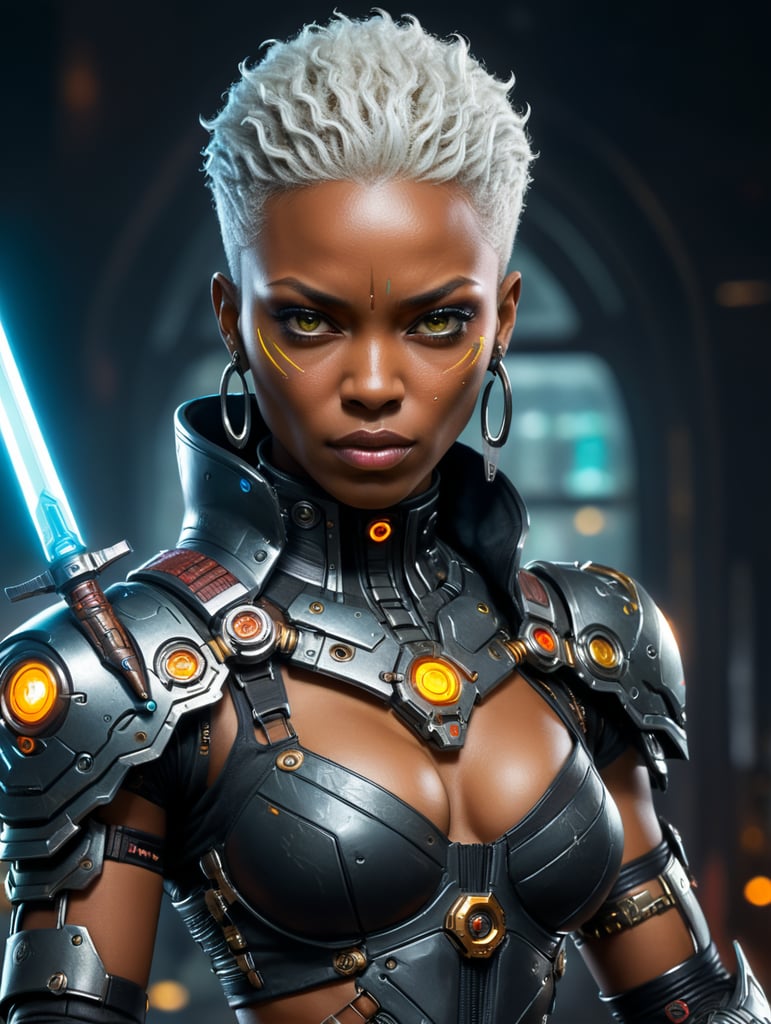 a close up of a woman with a knife and a glove, african cyberpunk wizards, fashionable cyberpunk mechanoid, shadowrun character art, a teen black cyborg, african steampunk alchemist, afrofuturism, afrofuturism style, loba andrade from apex legends, afro futurism, cyberpunk character design, cyberpunk character art, cyborg merchant woman, portrait of ororo munroe