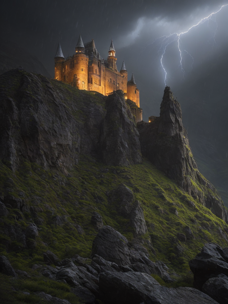 drucula's castle, rocks, rain, lightning