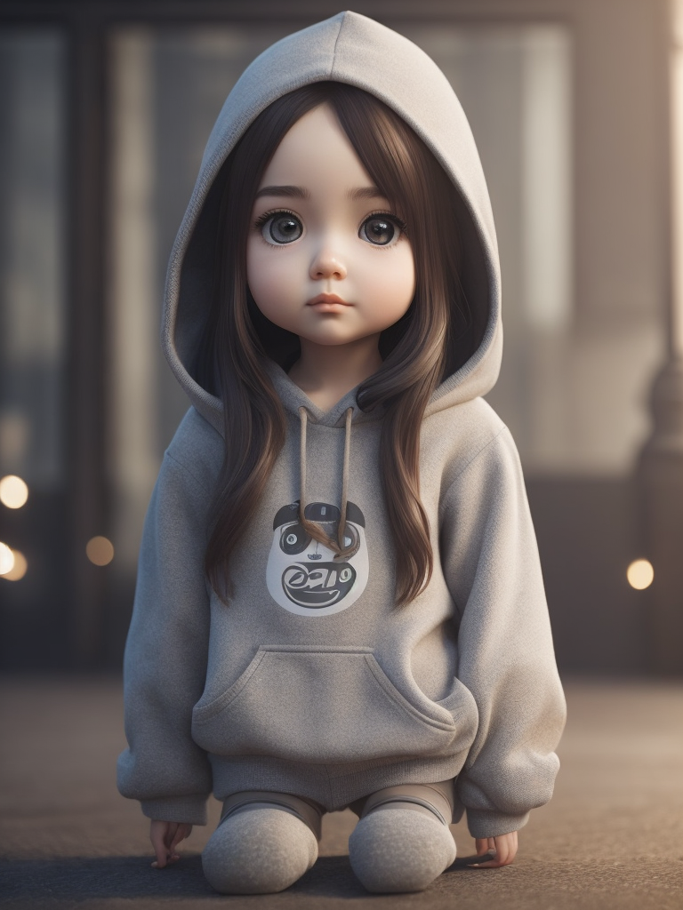 Chibi girl with long hair wearing oversized hoodie and thigh socks 3d render ultra quality hyperrealism