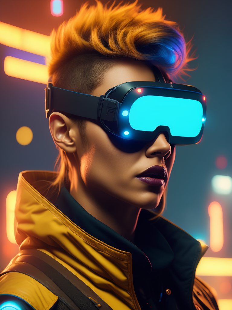 Women wearing virtual reality glasses, cyberpunk style, neon colors, bright colors, bright blue glowing glasses, sharp details, contrasting light