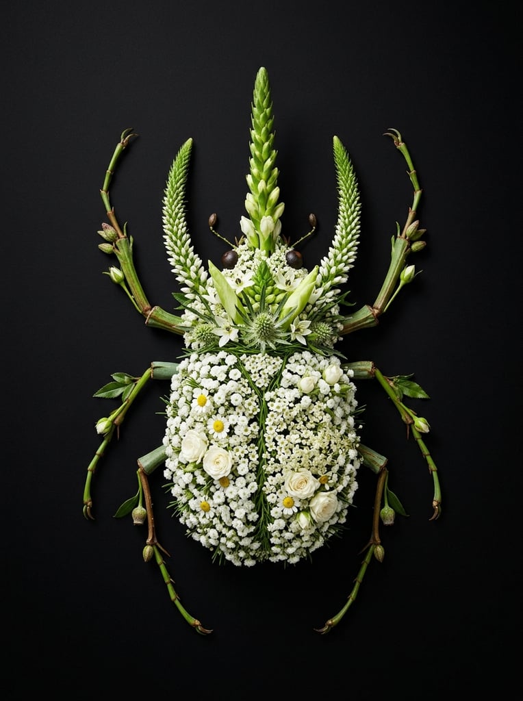A flat-lay botanical arrangement of a horned beetle against a solid black background. Densely packed white blossoms form the main body. Spiky green and white flower spires create three upright horns. Angled green stems with closed buds serve as six jointed legs. High-contrast studio lighting.