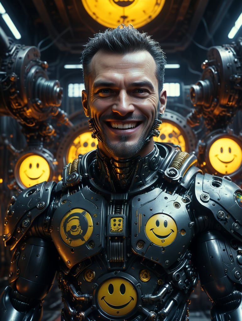 Cinematic lighting, 4K, ultra villain man, smiley, cyber punk city,man standing in the mechanical room in cinematic mode, professional high-quality system in the background, --ar 9:16